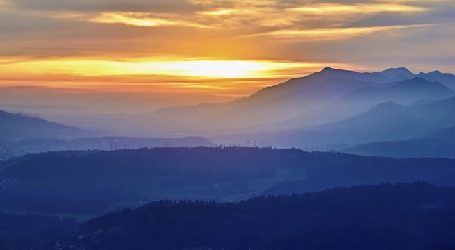 View of the Jura foothills from the Gisliflue, in the light of the setting sun, Talheim, Canton, Aargau, Switzerland