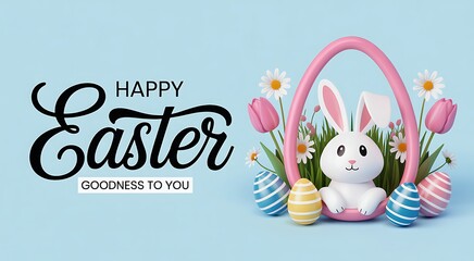Happy easter greeting card with bunny and colorful eggs on light blue background