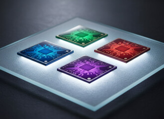Four colorful microchip on glass surface. Computer processing unit as hardware technology and processor for computer science education.