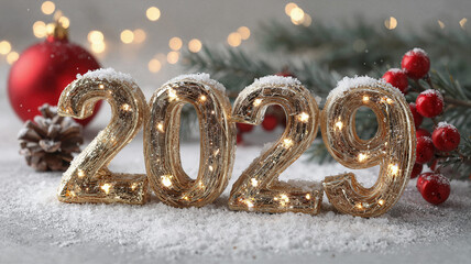 Golden string lights forming 2029 on snow