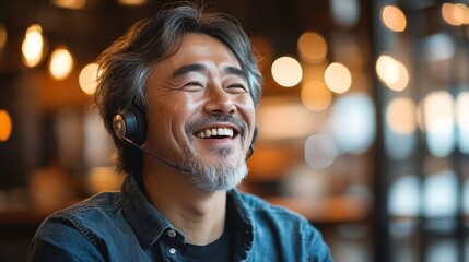 A smiling man wearing headphones against a blurred city backdrop would be suitable as a background for articles on the psychology of relaxation or advertisements for audio equipment.