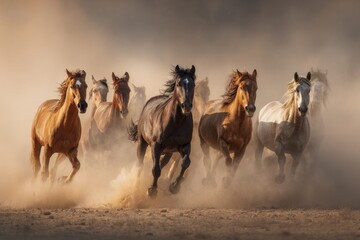 Obraz premium Horses Gallop Through Swirling Dust Clouds in the Desert Showcasing Unique Colors and Patterns in Dynamic Action