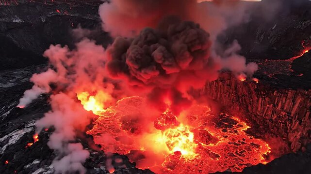 A spectacular volcanic eruption showcasing a fiery caldera spewing incandescent lava and smoke, a display of Earth's raw power.