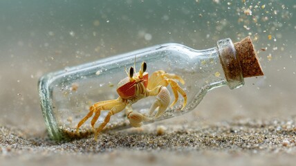 crab emerging from a bottle on the seabed, sandy particles suspended, subtle poignancy