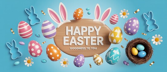 Colorful easter eggs and bunnies on blue background with happy easter sign