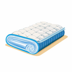 Rolled up white mattress with blue border and quilted top against a light brown background in isometric perspective