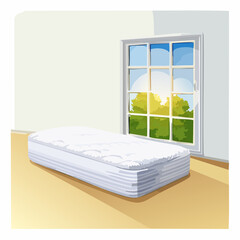 Comfortable White Mattress Placed On A Light Brown Wooden Floor Near A Large Window With Sunlight Streaming Through Green Trees And Blue Sky Outside In A Bright Room