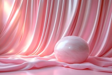 Pink marble patterned sphere placed on softly draped fabric under gentle illumination