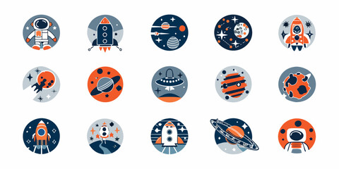 Colorful space themed icons depicting rockets planets and astronauts © Bijon