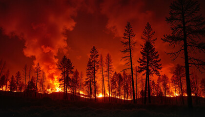 Devastating forest fire raging at night with burning trees and smoke