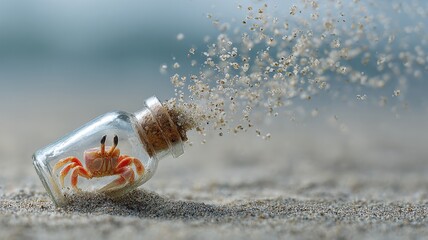 crab emerging from a bottle on the seabed, sandy particles suspended, subtle poignancy