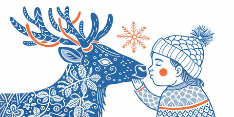 A charming illustration depicts a child gently kissing a reindeer s nose © Bijon