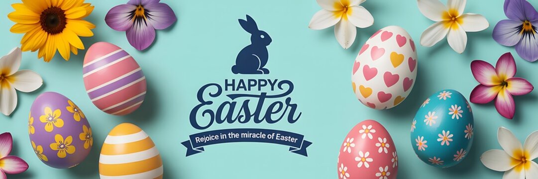 Colorful easter eggs and flowers on a light blue background with happy easter text