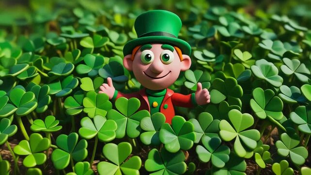 Happy St Patrick&rsquo;s Day Leprechaun Jumping Out of a Field of Shamrocks. Claymation Style