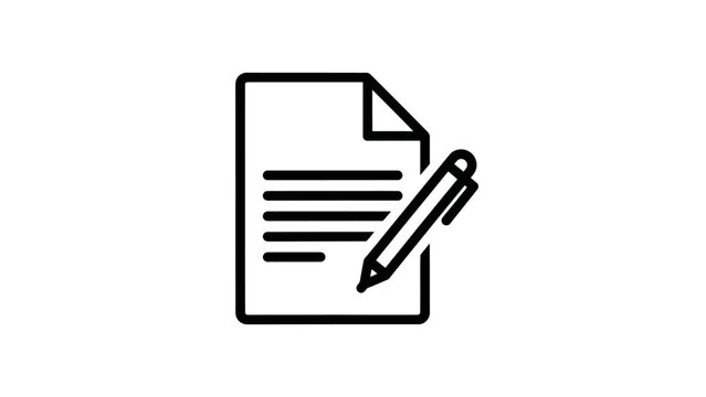 Outline Icon of a Document with Text Lines and a Pen on an Isolated White Background