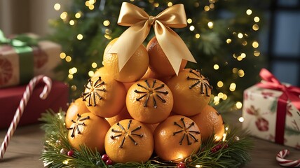 Christmas Orange Pyramid &ndash; Clove-Decorated Fruit with Gold Ribbon, Evergreen, and Festive Holiday Atmosphere