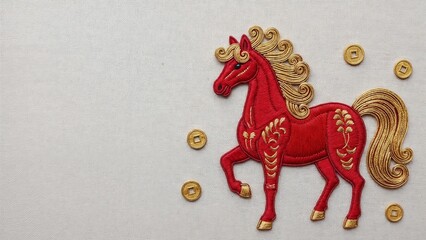 Decorative red horse embroidery with golden accents on fabric background