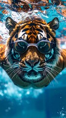 Tiger underwater with goggles