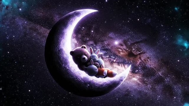 Adorable plush toy taking a serene nap on a crescent moon amidst a star-studded galaxy, evoking dreams and tranquility