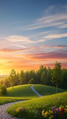 Obraz premium Serene landscape of a sunset over a lush green golf course with vibrant flowers and trees