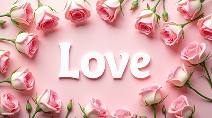 White Love lettering centered on soft pink background framed by fresh pink roses and buds. Romantic floral concept for Valentine day, wedding greeting, love message