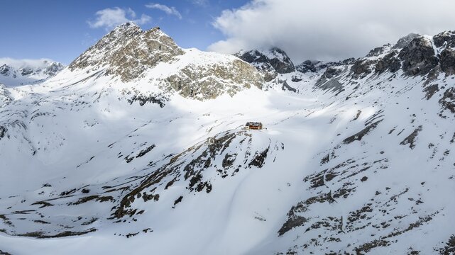 Aerial view, Piz Jenatsch and Piz Picuogl, winter in the mountains, Chamanna Jenatsch CAS, Swiss Alpine Club hut, Val Beve, Graub&uuml;nden, Switzerland