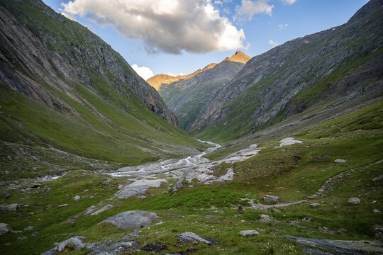Sunset in Umbaltal, River Isel, Hohe Tauern National Park, East Tyrol, Tyrol, Austria