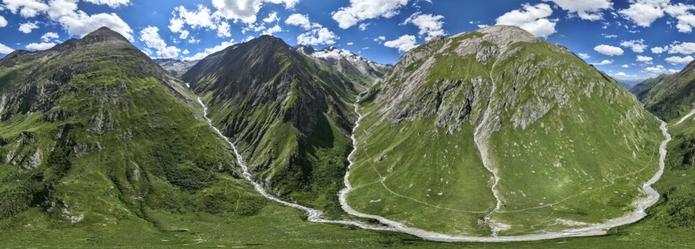 Aerial view, 360&deg; Alpine panorama, Gro&szlig;er Schober and R&ouml;tspitze, Dabertal and Umbaltal with river Isel, Hohe Tauern National Park, East Tyrol, Tyrol, Austria