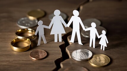 Divorce Concept Image &ndash; Paper Families, Wedding Rings, and Financial Separation Symbolism
