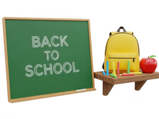 Back to school chalkboard and supplies isolated on transparent background