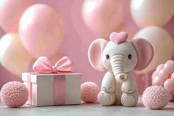 Playful white elephant toy with a heart on its head sits near a present and pink textured balls