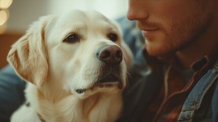 An adult man gazes tenderly into the eyes of a light-haired dog, conveying an atmosphere of trust and friendship between humans and animals, ideal for advertising pets or as an atmospheric backdrop  