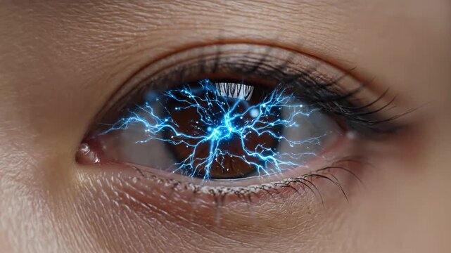 A close-up view of a human eye with a futuristic blue lightning effect in the iris, symbolizing advanced technology and human vision
