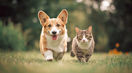 Two pets, a dog and cat, run playfully in a grassy outdoor setting