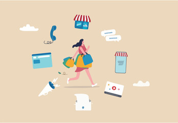 Omnichannel marketing, multi channel for customer to buy products, young woman customer with shopping bags buying from multi channel store, website, mobile and other chat and call center
