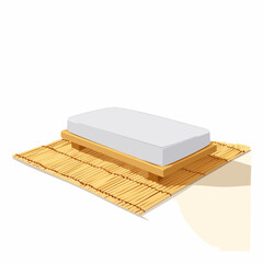 Minimalist Japanese Futon Bed With White Mattress On Tatami Mat With Wooden Frame On White Background