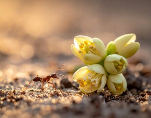Tiny ant near delicate flowers in sunlight