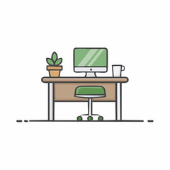 Workspace illustration with computer, chair, plant, and cup in a clean, minimalist design - perfect for business concepts.