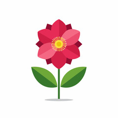 Geometric Red Flower Illustration with Yellow Center and Green Leaves