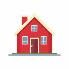Red single story home with chimney and lawn, illustration, suburban property, small yard, minimalist residence, simple structure