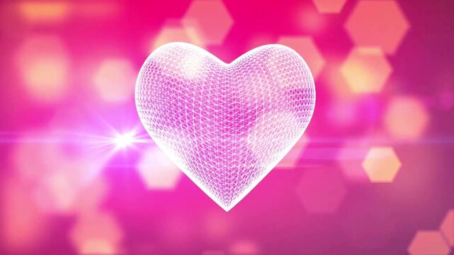 A luminous pink heart radiates amid pink-purple bokeh and hexagonal light orbs, with radiant rays, Valentine's Day, Happy valentine's day, valentine card, valentine day heart animated background. Wedd