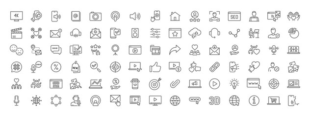 Set of diverse thin line web icons for various digital concepts and applications.