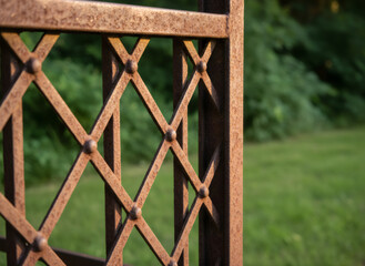 Old rusty metal fence with diamond pattern lattice and green grass in the background. Vintage garden barrier texture for design element.