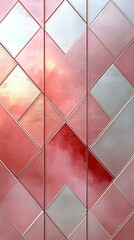 Reflective geometric pattern with shining red and silver diamond shapes creating a modern surface