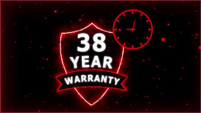 Neon Glowing Shield Badge with 38 Year Warranty Text and Clock Animation on black Futuristic Background.