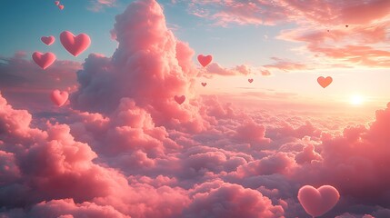 Romantic hot air heart balloons float among soft pink clouds during a beautiful golden sunset