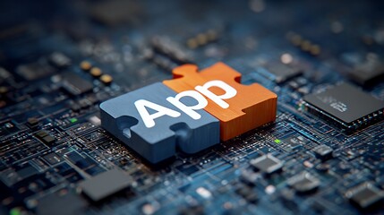 Two puzzle piece halves form "App" atop a circuit board, illustrating software integration