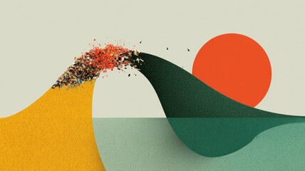 bold environmental poster, stylized ocean wave transforming into a trash heap