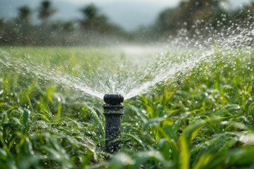 Sprinkler irrigation system watering green crop field, showcasing smart water management technology for agricultural conservation and efficient farming practices