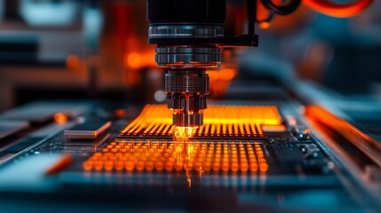 The machine processes microchips with high precision on the factory conveyor belt, creating an atmospheric backdrop for presentations of innovative technologies in industry.